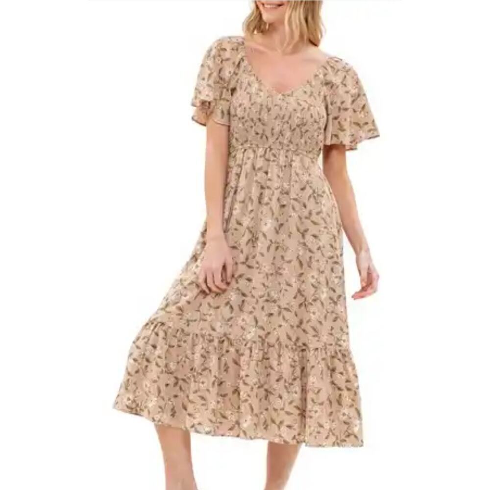 Blu Pepper tiered floral maxi ladies beige floral smocked Size XS Cottagecore